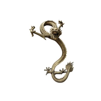 A three-dimensional metal sculpture with a gold finish, depicting an oriental dragon in a sinuous and dynamic pose, characterised by a coiled, scaly body, detailed claws and an expressive head with horns and an open mouth. Available for hire for events, advertising, films and TV series.