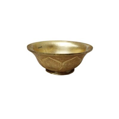 a metal bowl with a shiny gold finish, characterised by a wide, open rim, outer walls decorated with petal-like lobed relief panels, and a raised circular base; available for hire for events, advertising, films and TV series