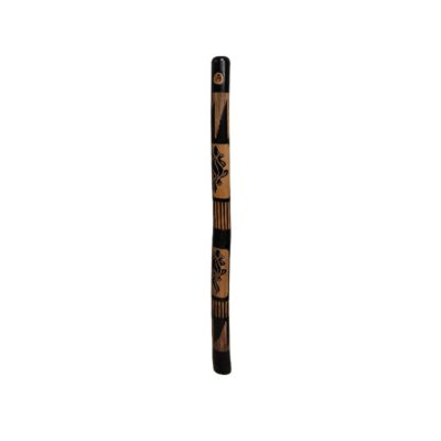 A rainstick-style percussion instrument, elongated and cylindrical in shape, made of wood with dark sections and pyrographed designs depicting geckos and traditional geometric patterns; available for hire for events, advertising, films and TV series
