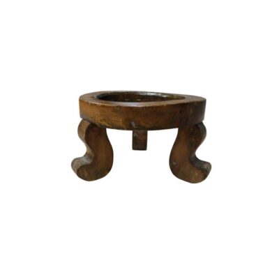 A circular wooden stand with a natural finish in shades of brown and a polished texture, featuring a sturdy central ring raised on three short legs with a curved, traditional design; available for hire for events, advertising, films and TV series