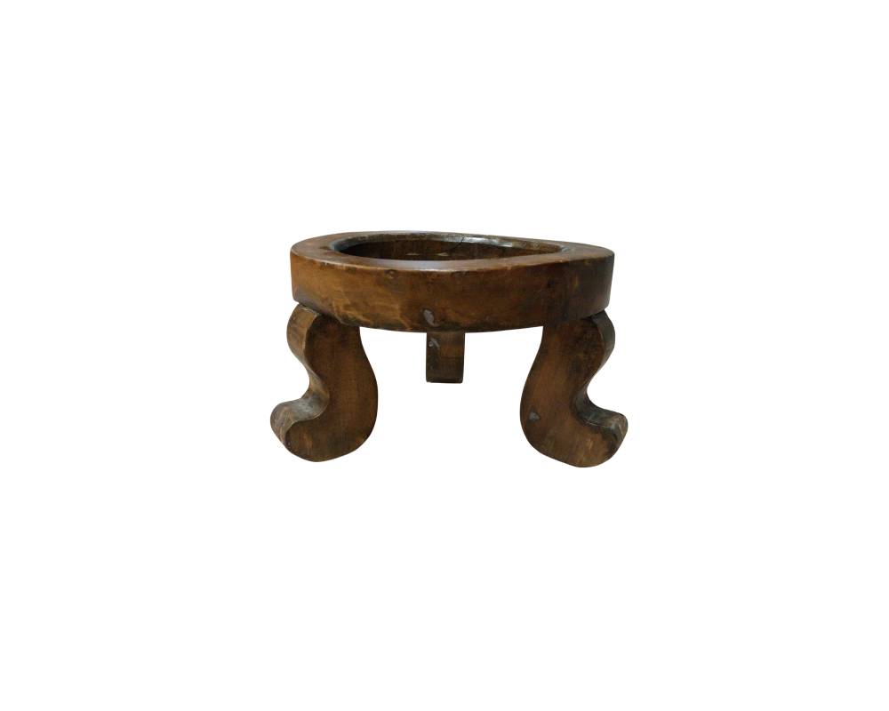 A circular wooden stand with a natural finish in shades of brown and a polished texture, featuring a sturdy central ring raised on three short legs with a curved, traditional design; available for hire for events, advertising, films and TV series