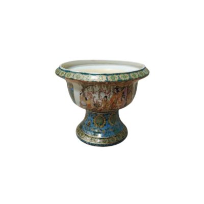 A ceramic cup with a wide base and flared rim, characterised by rich polychrome decoration featuring scenes of traditional figures on the body, an upper rim with ornamental borders, and a foot with floral patterns in shades of blue and gold; available for hire for events, advertising, films and TV series