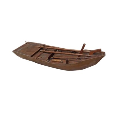 A wooden model depicting a flat-bottomed boat in shades of brown, fitted inside with several oars and small components; available for hire for events, advertising, films and TV series