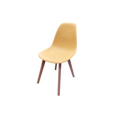 Nordic-style chair featuring a yellow polypropylene seat and wooden legs – available for hire for events, advertising, films and TV series