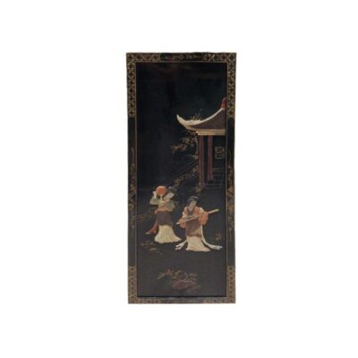 A rectangular panel with a dark surface and a glossy finish, characterised by a perimeter frame with gold borders and a central relief scene depicting traditional female figures alongside an oriental-style architectural structure; available for hire for events, advertising, films and TV series