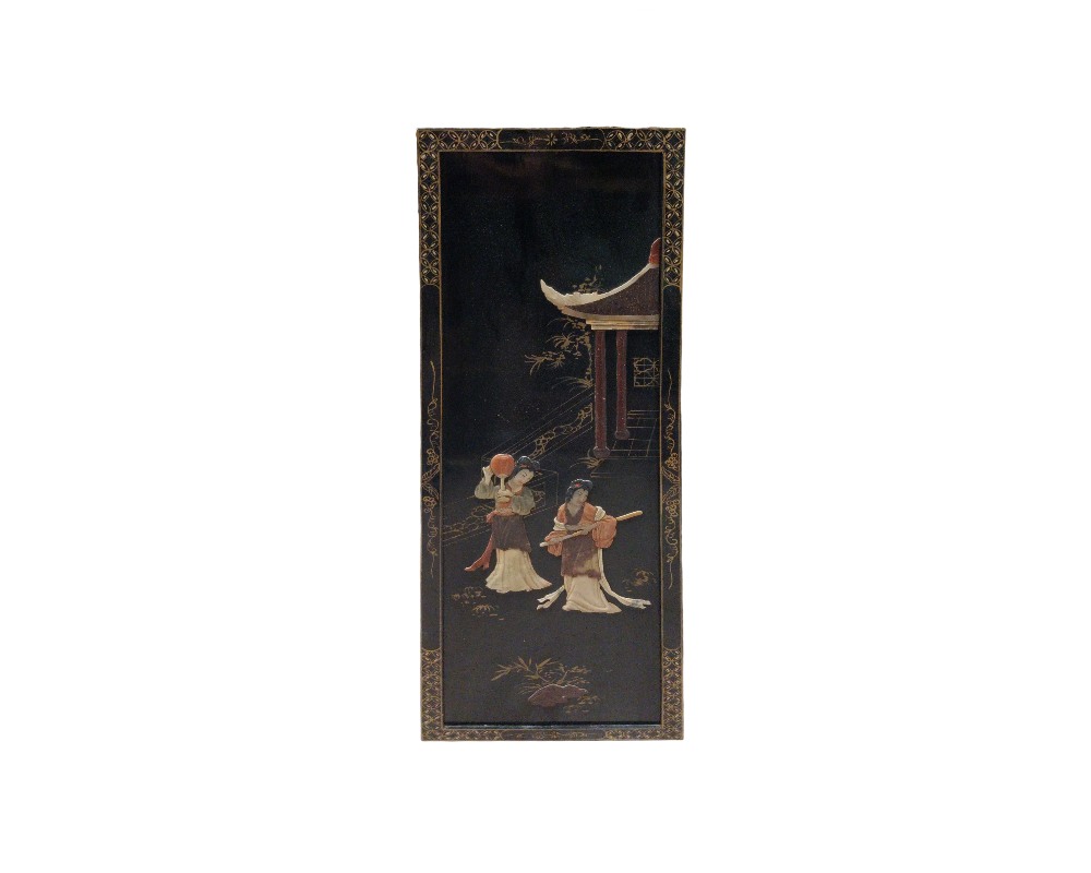 A rectangular panel with a dark surface and a glossy finish, characterised by a perimeter frame with gold borders and a central relief scene depicting traditional female figures alongside an oriental-style architectural structure; available for hire for events, advertising, films and TV series