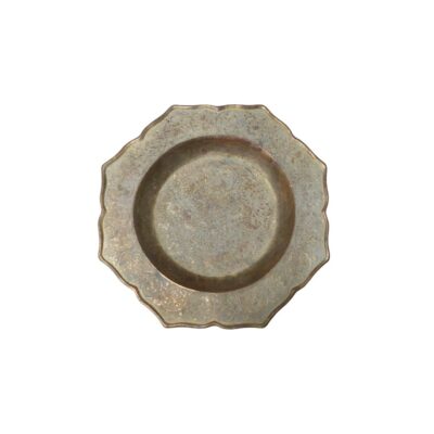 A metal tray with an aged finish and understated appearance, characterised by a polygonal outer profile and gently undulating edges; available for hire for events, advertising, films and TV series