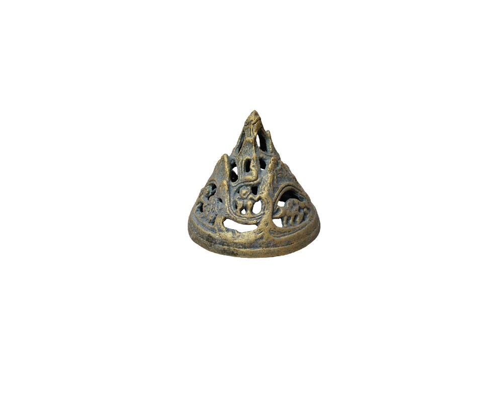 Chinese-style Boshan incense burner made from pure copper with intricate openwork carvings – available for hire for events, advertising, films and TV series