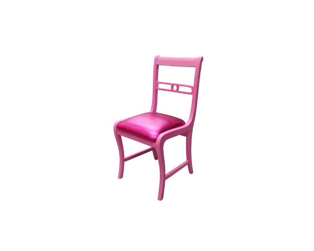A chair reminiscent of French period furniture, but with a striking, contemporary finish thanks to its monochromatic pink colour; available for hire for events, advertising, films and TV series