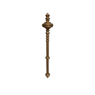 A vertical decorative element with a gold finish and an aged look, characterised by a turned structure in a classic design, with stepped mouldings and a prominent upper section shaped like a finial; available for hire for events, advertising, films and TV series