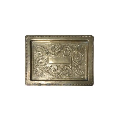 A rectangular metal tray with a gold finish, characterised by a flat rim decorated with a border of small raised dots; available for hire for events, advertising, films and TV series