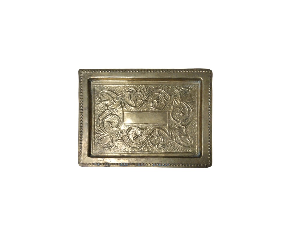 A rectangular metal tray with a gold finish, characterised by a flat rim decorated with a border of small raised dots; available for hire for events, advertising, films and TV series