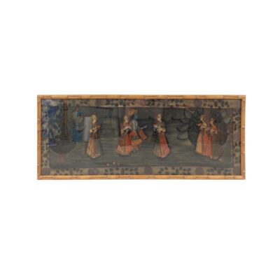 A horizontal painting in the traditional miniature style, characterised by a courtly or mythological scene featuring numerous figures in colourful attire set against a natural backdrop, framed by a decorative border and a bamboo-effect moulding; available for hire for events, advertising, films and TV series