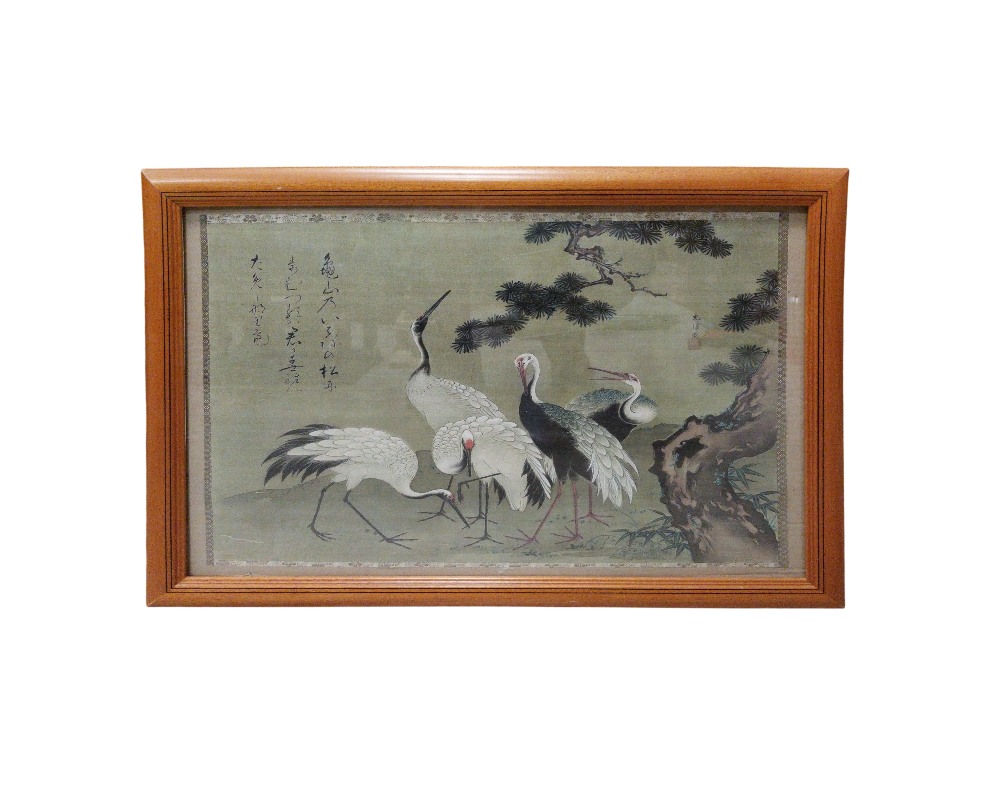 A work of art framed in light-coloured wood, featuring an oriental-style print depicting a flock of cranes in a natural setting alongside a gnarled tree, against a subtle background with calligraphic inscriptions. Available for hire for events, advertising, films and TV series.