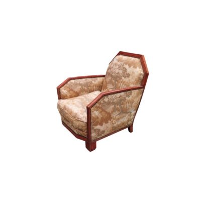 A French-style Art Deco armchair from the 1920s, featuring a walnut frame with patterned upholstery; available for hire for events, advertising, films and TV series