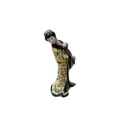 This figurine depicts a lady dressed in a traditional kimono, richly decorated with floral motifs and stylised details; available for hire for events, advertising, films and TV series