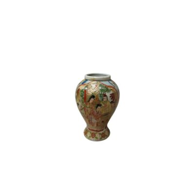 A small porcelain vase with a rounded body and flared base, meticulously decorated with traditional scenes depicting human figures accompanied by plant motifs and geometric patterns in vibrant colours with gold accents; available for hire for events, advertising, films and TV series