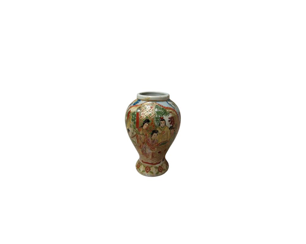 A small porcelain vase with a rounded body and flared base, meticulously decorated with traditional scenes depicting human figures accompanied by plant motifs and geometric patterns in vibrant colours with gold accents; available for hire for events, advertising, films and TV series