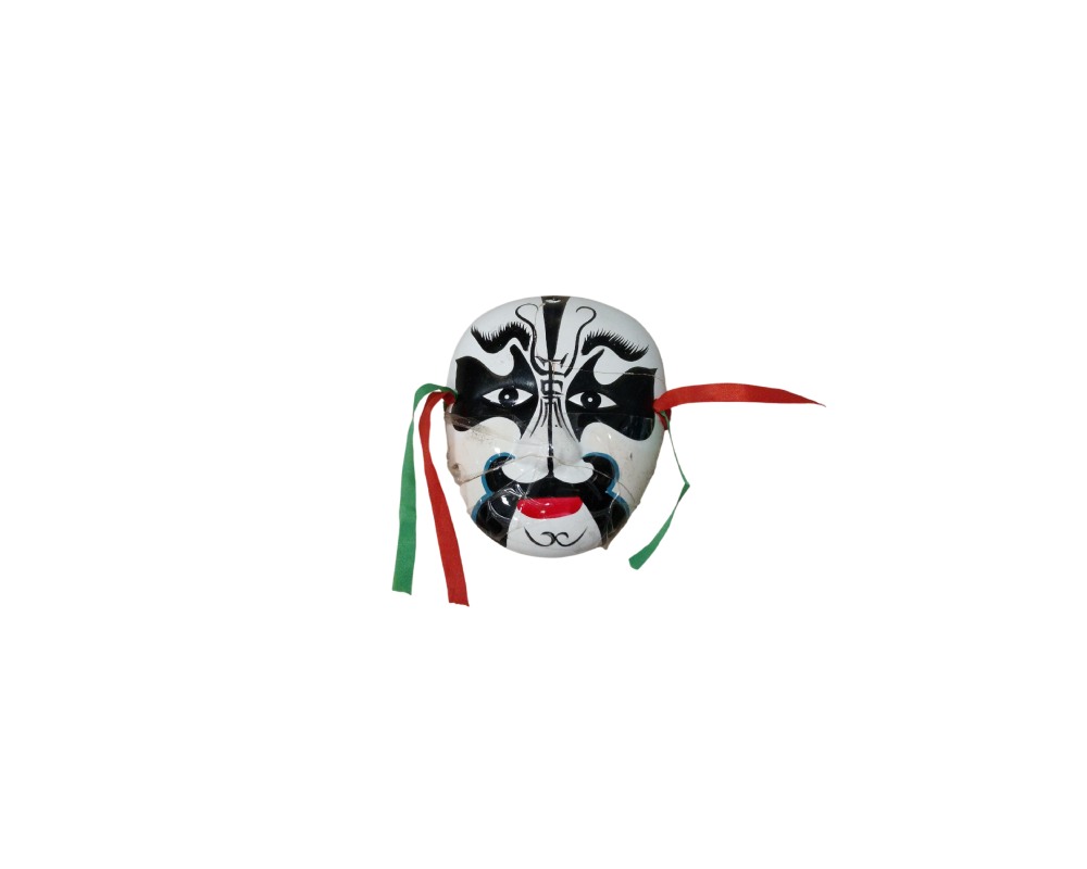 Decorative mask with a white base, featuring a design that imitates traditional oriental opera make-up, with bold black lines and strokes and red lip detailing; available for hire for events, advertising, films and TV series