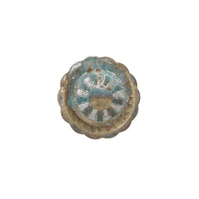 A metal tray with a wavy, lobed rim, featuring a distinct greenish rust patina and areas worn by the passage of time; available for hire for events, advertising, films and TV series
