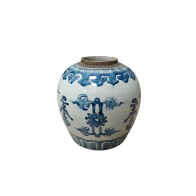 A rounded ceramic jar, decorated using the traditional technique of cobalt blue on a white background. The central section of the design features stylised floral motifs integrated with abstract shapes reminiscent of symbols of longevity; available for hire for events, advertising, films and TV series