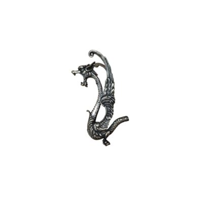aplique de metal plateado y envejecido que representa una figura fantástica con forma de dragón o criatura mitológica en postura curvada alquiler para eventos, publicidad, peliculas y series