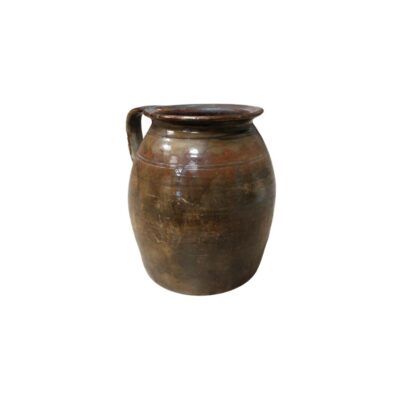A sturdy ceramic vase with a glazed finish in shades of brown and dark ochre, characterised by a broad, globular body, a wide mouth with a pronounced rim, a small side handle and incised horizontal lines around the neck; available for hire for events, advertising, films and TV series