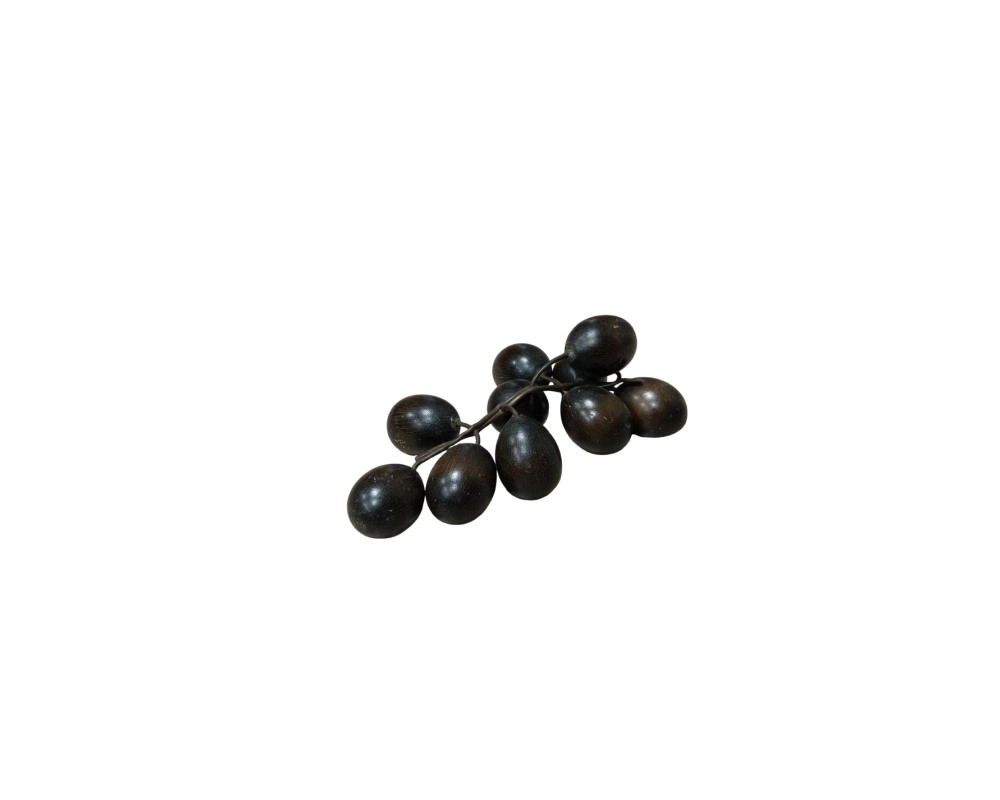 an ornamental sculpture resembling a bunch of grapes, characterised by numerous dark, oval-shaped fruits attached to a central, branched stem; available for hire for events, advertising, films and TV series