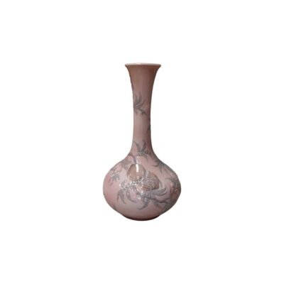 A vase with a long, slender neck and a globular base in shades of pink, characterised by delicate relief decoration depicting stylised branches, leaves and fruits across its surface; available for hire for events, advertising, films and TV series