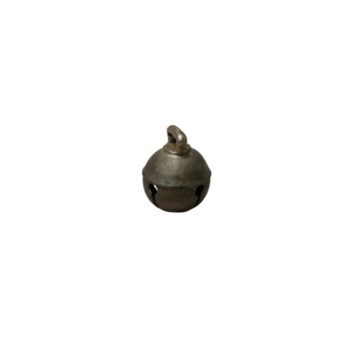 A small, spherical metal bell with an aged patina, featuring a horizontal groove, circular openings at the bottom and an integrated ring at the top for hanging; available for hire for events, advertising, films and TV series