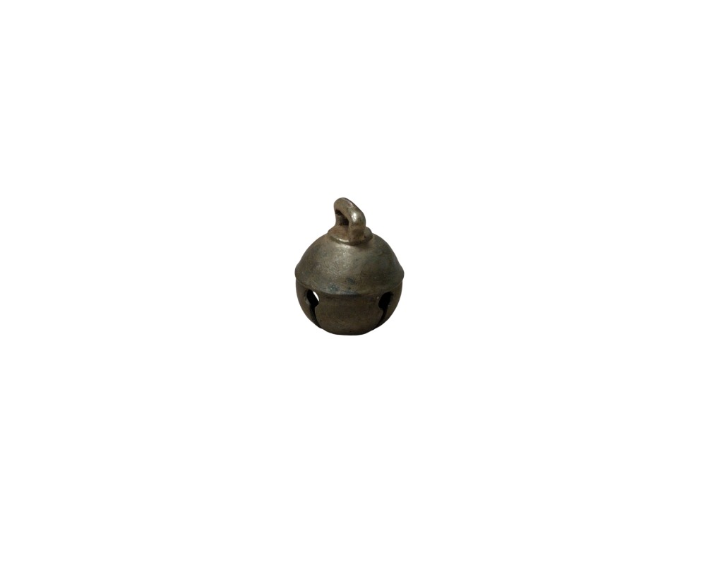 A small, spherical metal bell with an aged patina, featuring a horizontal groove, circular openings at the bottom and an integrated ring at the top for hanging; available for hire for events, advertising, films and TV series