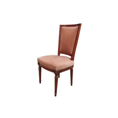 This Louis XVI-style chair is characterised by its wooden frame with straight, fluted legs; available for hire for events, advertising, films and TV series