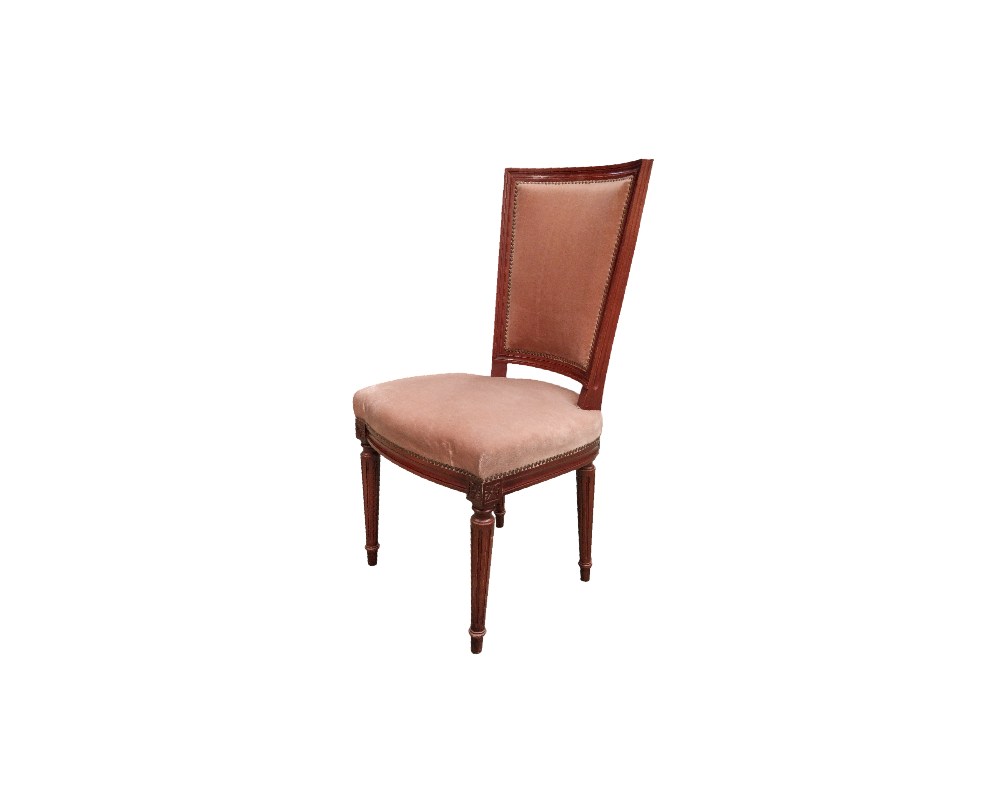 This Louis XVI-style chair is characterised by its wooden frame with straight, fluted legs; available for hire for events, advertising, films and TV series