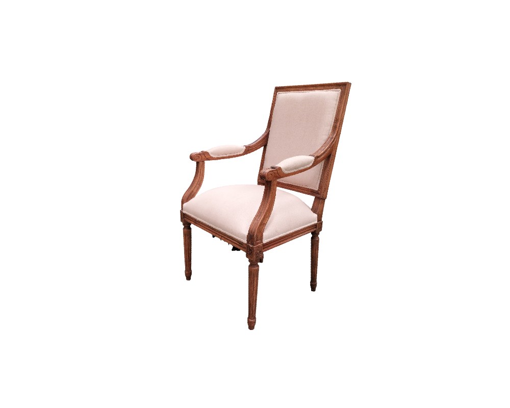 Louis XVI-style dining chair featuring a carved wooden frame and natural linen upholstery; available for hire for events, advertising, films and TV series