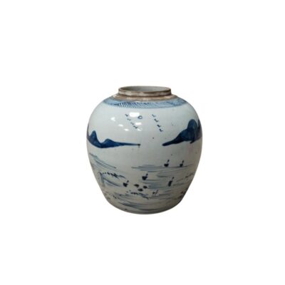A globular porcelain jar, decorated using a classic cobalt blue painting technique on a white background; available for hire for events, advertising, films and TV series
