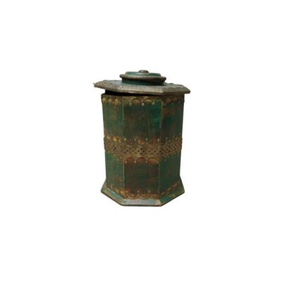 An ornamental hexagonal container, made of wood with a distinctive textured finish in shades of green and distressed tones; available for hire for events, advertising, films and TV series