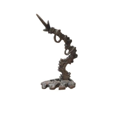 A decorative vertical stand made of dark wood, carved with an organic, sinuous design that evokes natural forms or stylised elements from Eastern mythology; available for hire for events, advertising, films and TV series