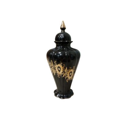 porcelain with a glossy black finish and a fluted body, featuring an elegant floral design in golden tones that stands out against the surface, and a matching lid with a pointed top; available for hire for events, advertising, films and TV series