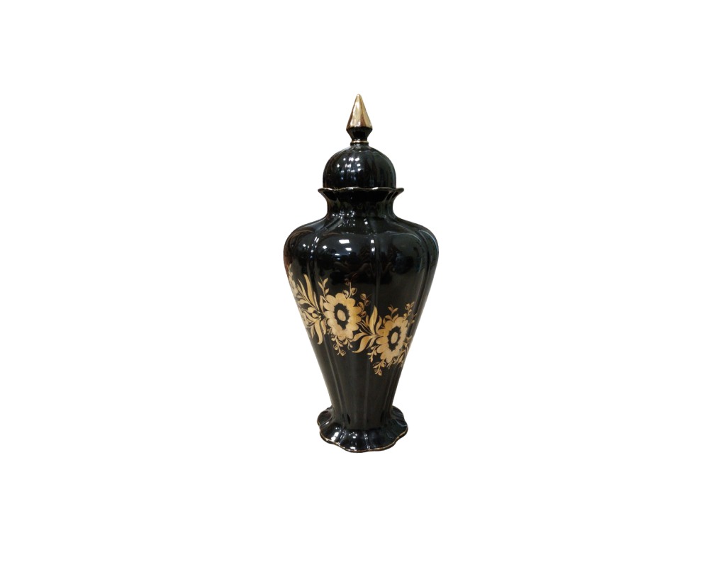 porcelain with a glossy black finish and a fluted body, featuring an elegant floral design in golden tones that stands out against the surface, and a matching lid with a pointed top; available for hire for events, advertising, films and TV series