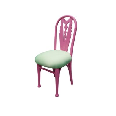 A vintage-style chair featuring a wooden frame painted in pastel pink and a seat upholstered in light green, available for hire for events, advertising, films and TV series