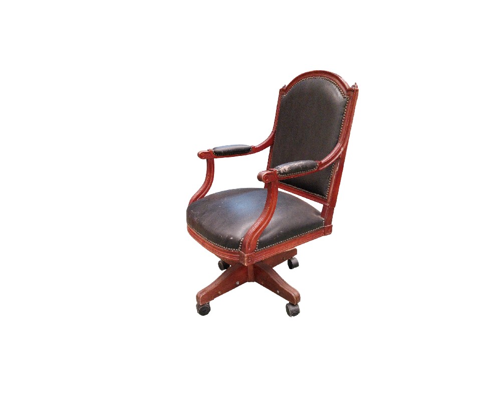 This English-style swivel desk chair features a dark wooden frame and black leather upholstery; available for hire for events, advertising, films and TV series