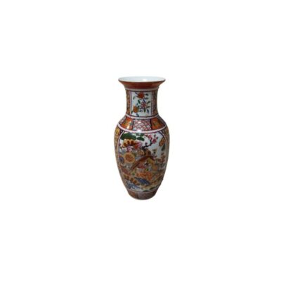 A porcelain vase with a slender neck and flared rim, characterised by rich, traditional-style polychrome decoration combining floral motifs, geometric panels and depictions of birds in vibrant shades such as red and blue, with gold accents; available for hire for events, advertising, films and TV series