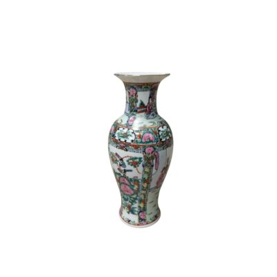 A porcelain vase with a slender body and flared neck, characterised by rich polychrome decoration featuring traditional scenes of oriental figures, floral motifs and details in shades of pink, green and gold; available for hire for events, advertising, films and TV series