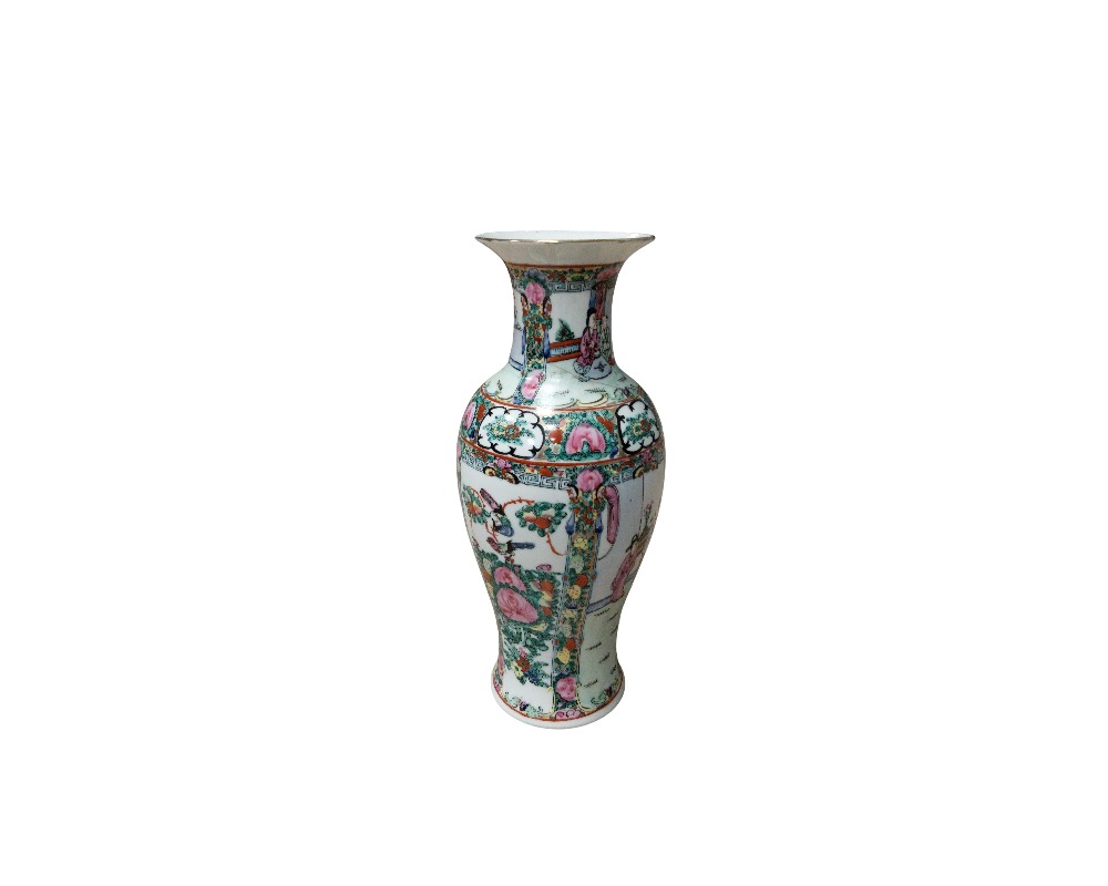 A porcelain vase with a slender body and flared neck, characterised by rich polychrome decoration featuring traditional scenes of oriental figures, floral motifs and details in shades of pink, green and gold; available for hire for events, advertising, films and TV series