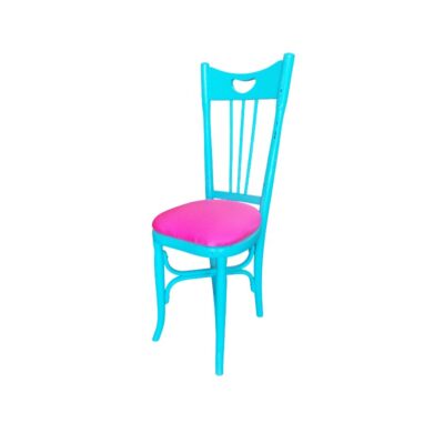 Thonet-style chair featuring a wooden frame painted in a vibrant turquoise colour and a seat upholstered in a deep pink; available for hire for events, advertising, films and TV series