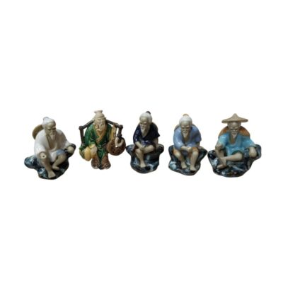 The set comprises five small, meticulously painted ceramic figurines depicting elderly men with traditional features, white beards and clothing in various colours. Available for hire for events, advertising, films and TV series.
