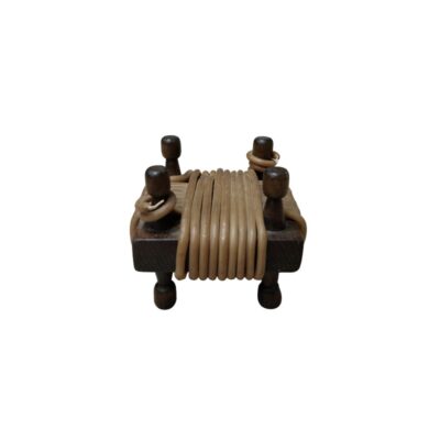 A dark wooden frame with four vertical supports and turned legs, around which a thick cord or filament in light shades is neatly wound; available for hire for events, advertising, films and TV series