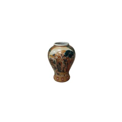 A small porcelain vase with a globular body and short neck, decorated with a detailed traditional scene depicting human figures under a parasol in a classical setting; available for hire for events, advertising, films and TV series