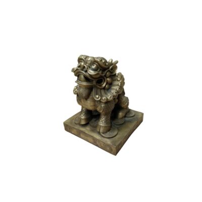 A metal sculpture with a finish in shades of gold and dark colours, characterised by its depiction of a traditional mythical creature (such as a guardian lion or qilin) with precisely sculpted details, a curly mane and paws resting on traditional Chinese coins, all mounted on a rectangular engraved base. Available for hire for events, advertising, films and TV series.