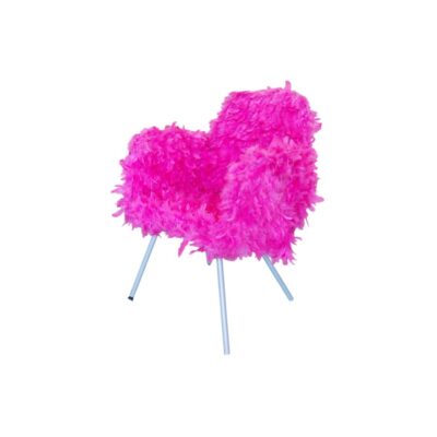 Sillón Dream Pink de Monica Gasperini presenta un respaldo tapizado en plumas de avestruz fucsia y se apoya en patas de metal alquiler para eventos, publicidad, peliculas y series